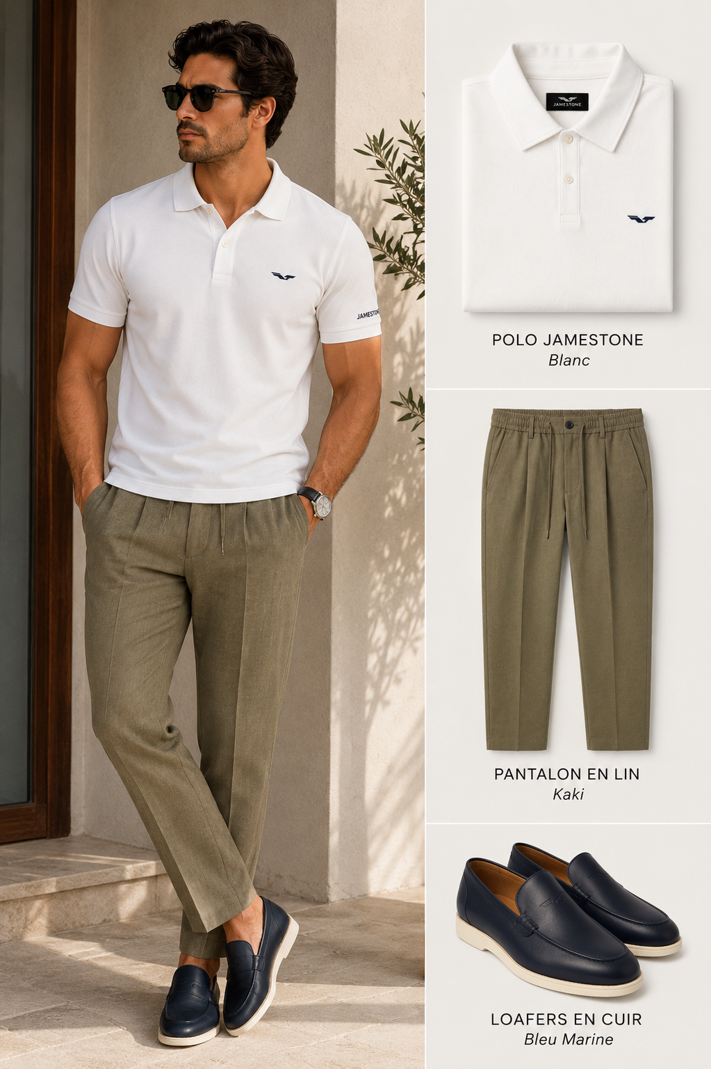 Ensemble - Polo Jamestone + Pantalon en lin + Mocassins 100% Cuir (-15%)