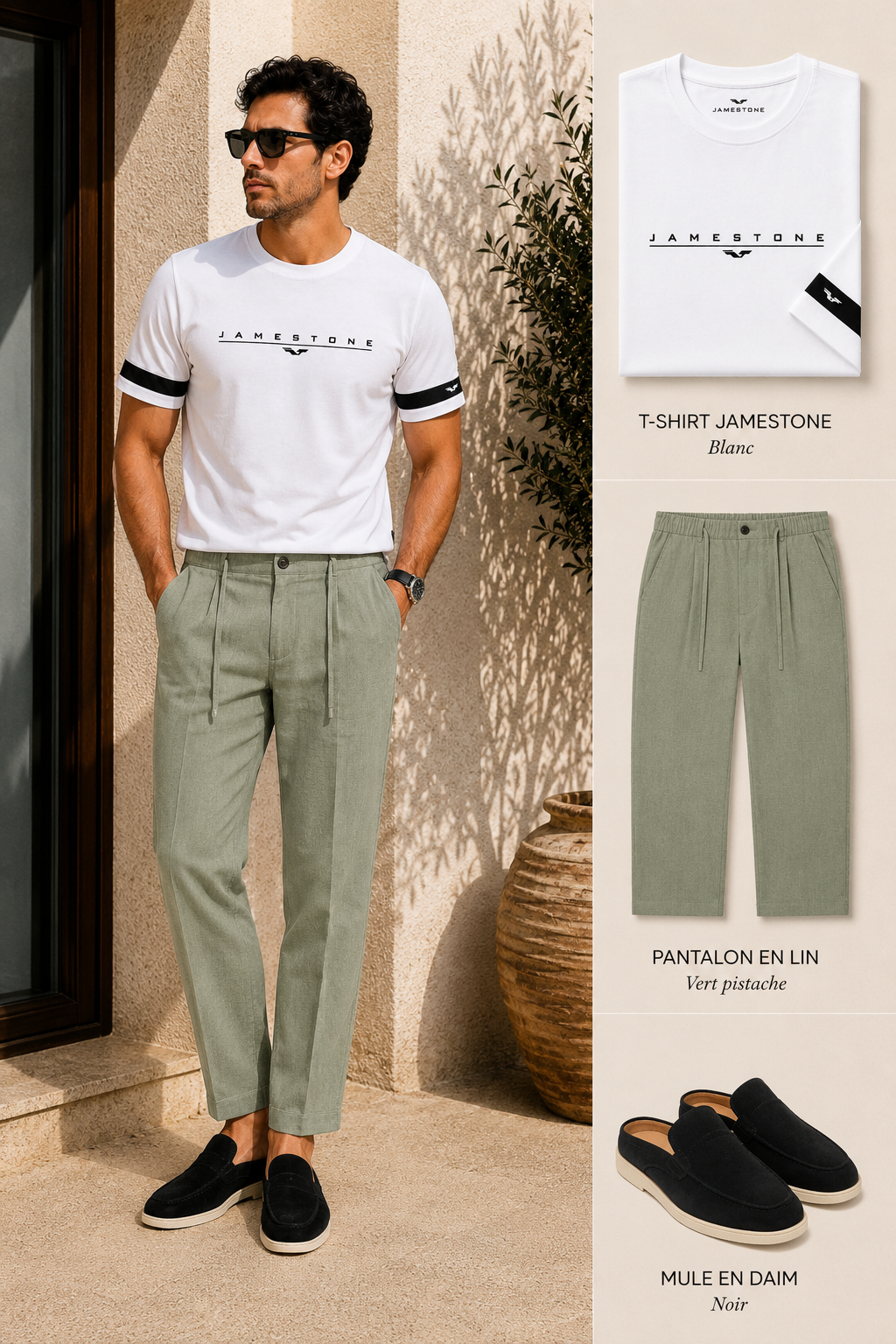 Ensemble - T-shirt JS Signature + Pantalon En Lin + Mule 100% Daim (-15%)