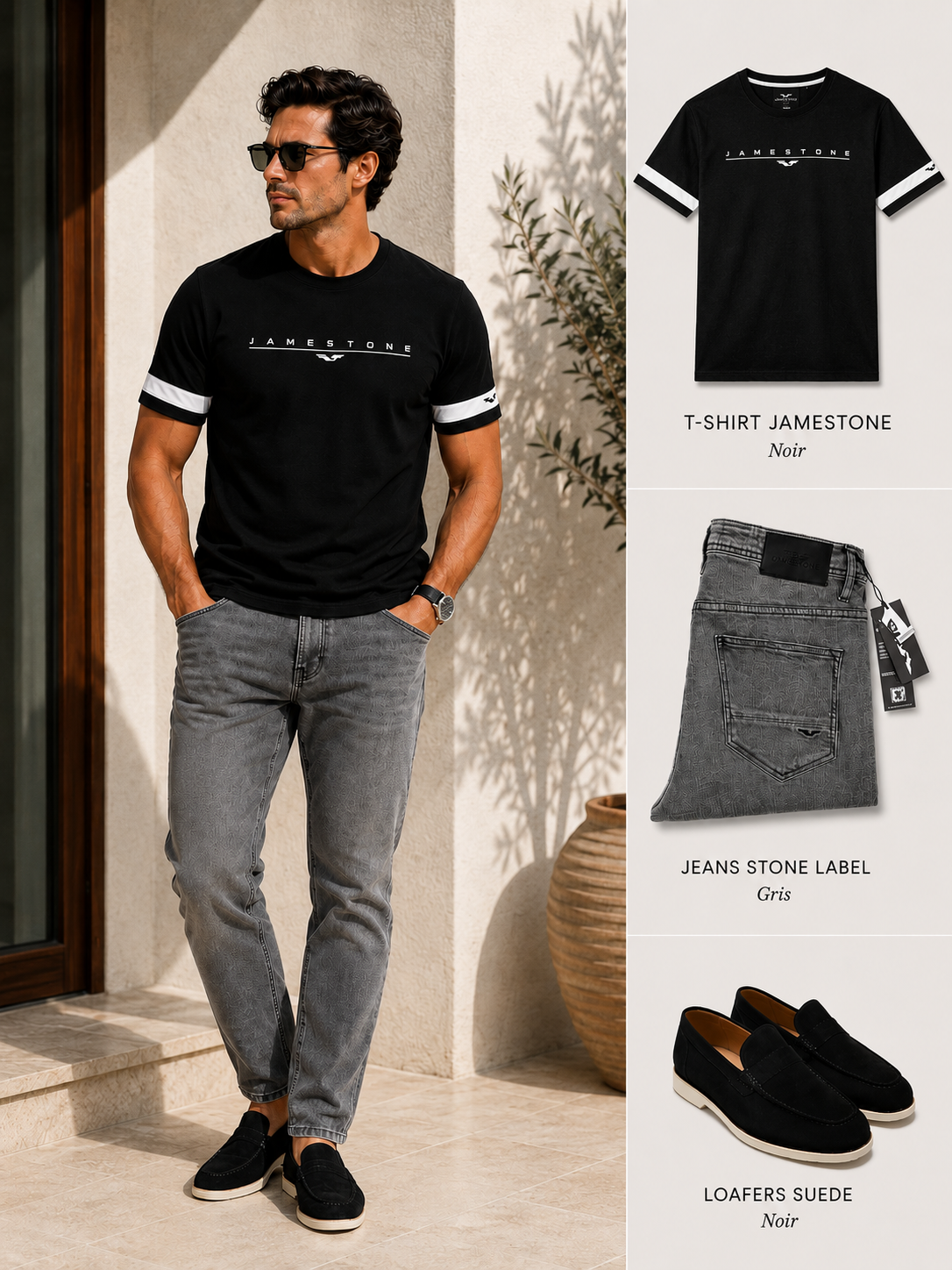 Ensemble - T-shirt JS Signature + Jeans Eagle Stone Gris + Mocassins 100% Daim (-15%)